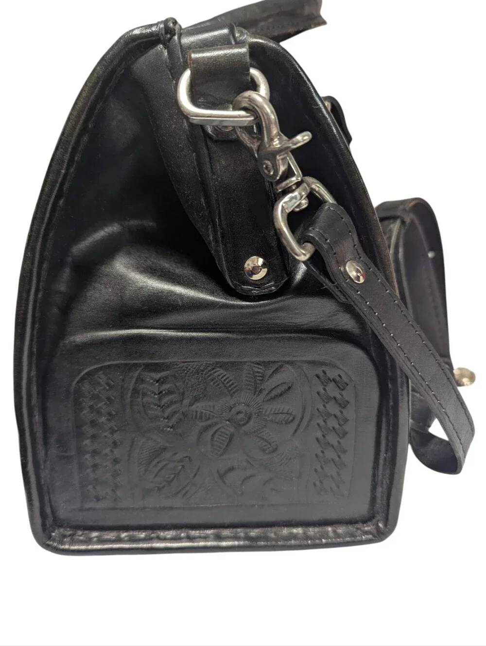 American West Black Western-Style Tooled Leather Satchel
